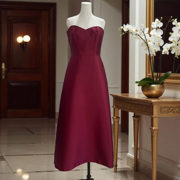 Alfred Sung Burgundy Strapless Satin Dress Size 14 Formal Gown Wedding NWT - Picture 1 of 10